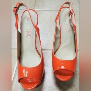 Deb Bright Orange Patent Peep-Toe Slingback Heels
